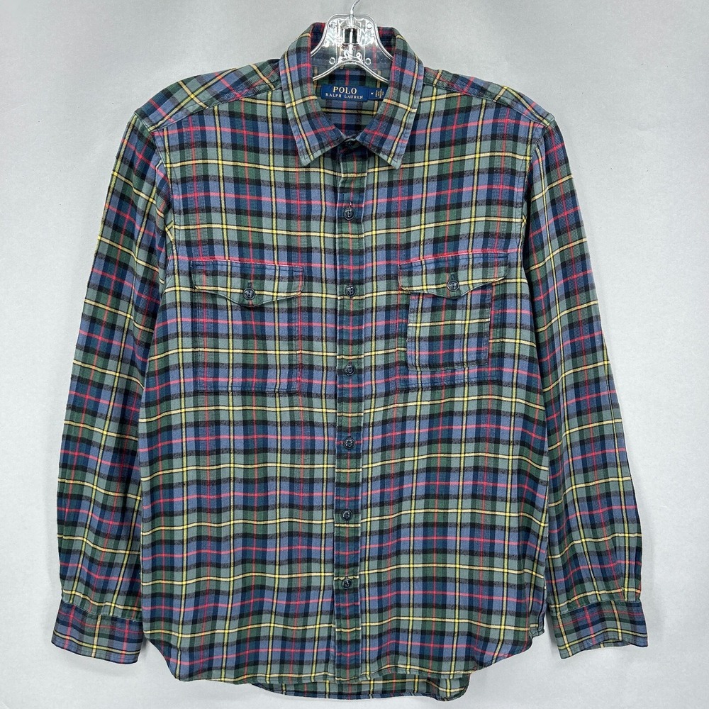 Polo Ralph Lauren Shirt Mens Medium Green Red Plaid Button Down Workshirt Tartan